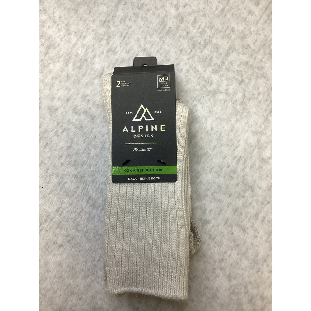 Alpine Design Mens 2 Pack Ragg Hiking Sock Crew Cut Wool Blend White Gray MD 6-9